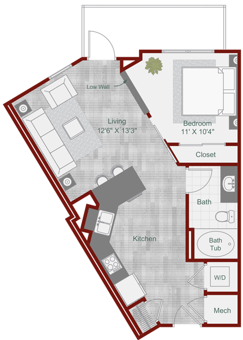 Floor plan for studio, 1 bath, 645 sqft